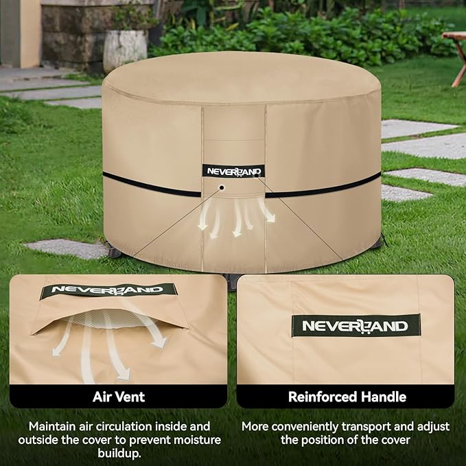 NEVERLAND Fire Pit Cover Round 32 Inch，Waterproof Outdoor Firepit Covers Round for 28-32 Inches 600D Oxford Heavy Duty Patio Gas Fire Pit Covers with 4 Buckle Straps and Air Vents, 32 x 16 Inch Golden