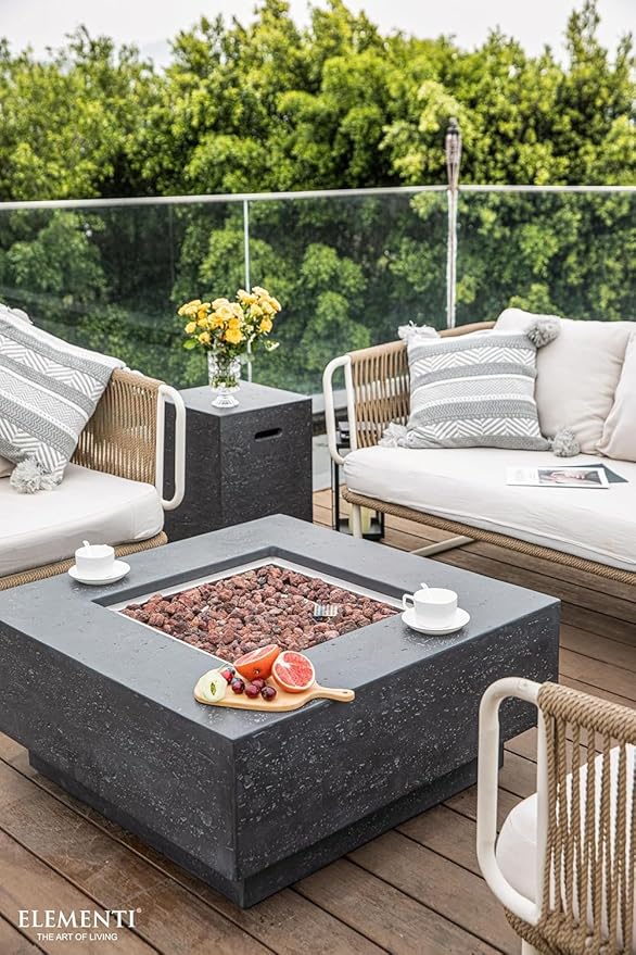 Elementi Manhattan Gas Fire Pit Cast Concrete Fire Table, Outdoor Fire Pit Electronic Ignition | Canvas Cover, Lava Rock Included | Free AMS Wind Guard | Dark Gray (Natural Gas)