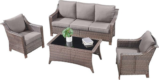 4 Piece Patio Furniture Set-Outdoor Rattan Wicker Sofa with Patio Chairs Outdoor Furniture for Porch Garden Backyard Poolside-Brown/Grey