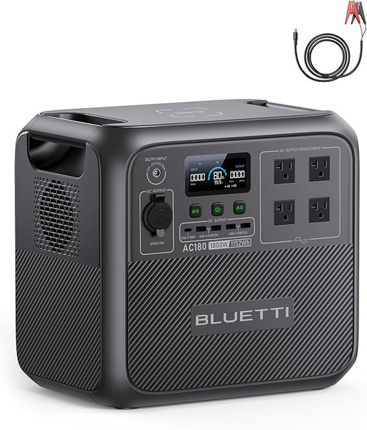 BLUETTI AC180 Portable Power Station, 1152Wh Solar Generator w/ 4 1800W (2700W Peak) AC Outlets, 0-80% in 45 Min, LiFePO4 Battery Backup for Camping (Acid to DC7909 Cable Included)