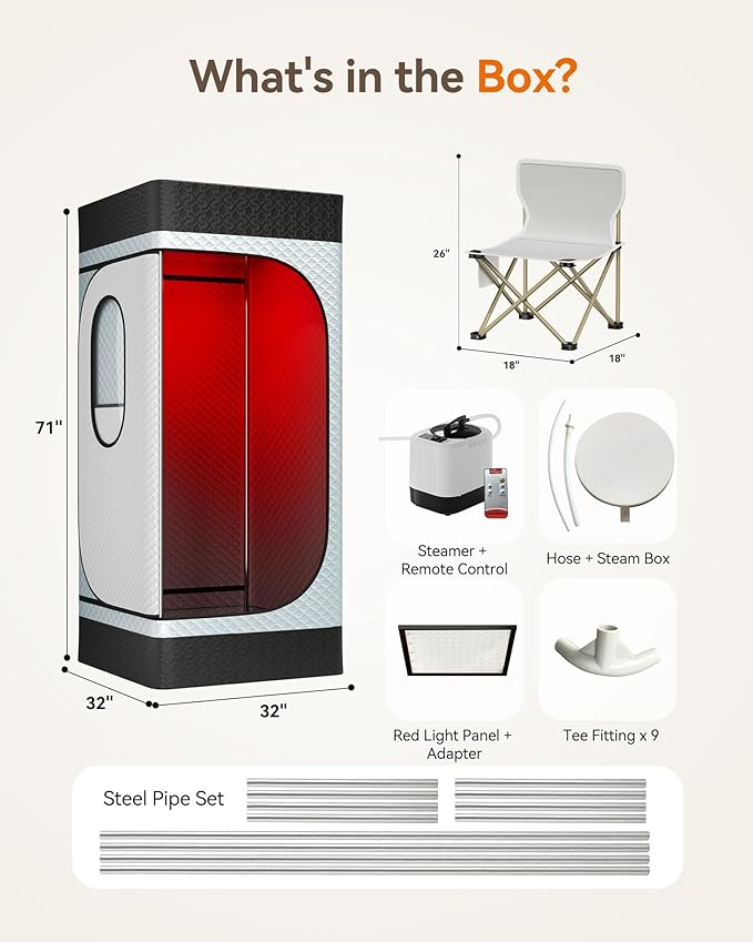 Portable Infrared Sauna Box for Home with 3L 1200W Steamer, Big Folding Chair, 99 Mins Timer, 9 Levels, Steam Sauna Tent with 660nm + 850nm Red Light Therapy, for Home Spa Detoxification