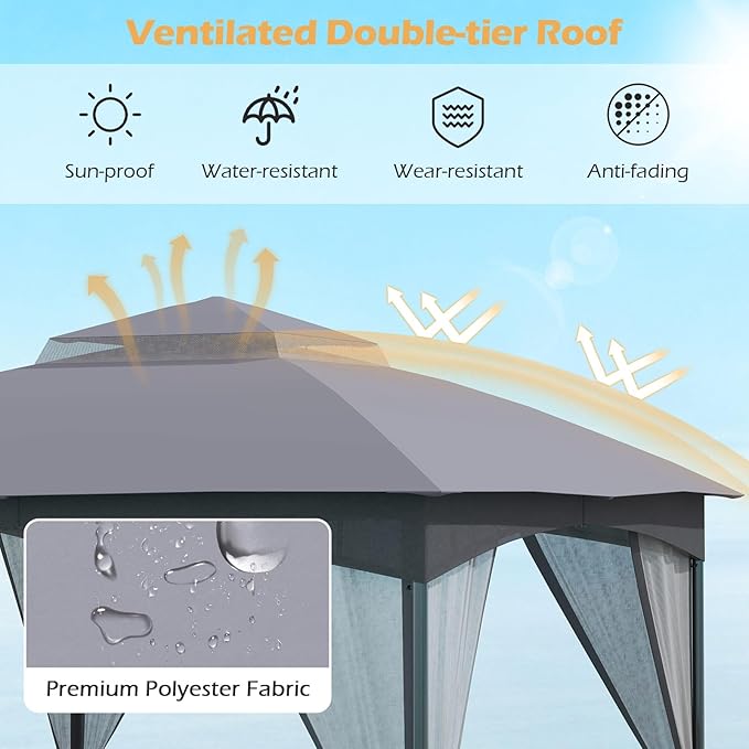 Tangkula 10x10 FT Outdoor Gazebo with Netting, Double Roof Patio Shelter with 4 Sandbags, Zippered Doors, Heavy-Duty Metal Frame, Metal Patio Gazebo for Yard Garden Lawn (Grey)