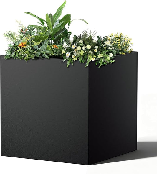 Metal Planter Box, 26" x 26"x 26", Heavy-Duty Galvanized Steel Outdoor Planter with Drainage Holes, Rectangular Planter for porches, Gardens, patios, and courtyards，Black