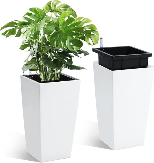 Garvee 16" Tall Planters Set of 2, Outdoor＆Indoor Black Planter Pots, High Front Porch Planter Pots with Drainage Holes＆Water Level Monitor＆Inner Bucket,White