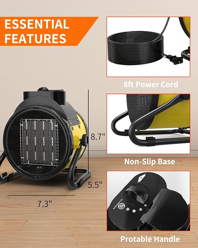 Buyplus Electric Space Heater - Outdoor Heater with Super Long Cord, Overheat Protection, Heaters Heat Up in 2 Seconds, 3 Modes, Small Fan Heater Tent Ceramic Space Heater for Patio, Yellow