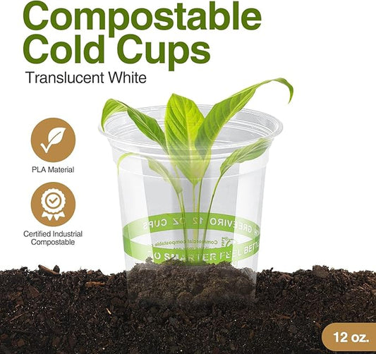 GREEVIRO Compostable Plant-Based Clear Plastic Cups 9oz Thick, Reusable, Disposable Iced Coffee Cups for Smoothies, Beer & Any Beverages for Parties, Weddings & Gatherings (9oz)