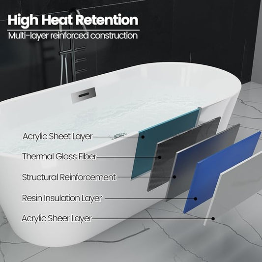 59" Free Standing Tub, Acrylic Soaking Bathtub, Stand Alone Freestanding Tub with Matte Sliver Drain and Overflow, Contemporary Bathtub for Bathroom, Black