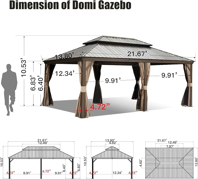 Domi 14'x22' Hardtop Gazebo Canopy,Outdoor Aluminum Gazebo with Galvanized Steel Double Roof,Large Permanent Gazebos Pavilion for Patio Deck Backyard,Curtain and Netting, Dark Brown