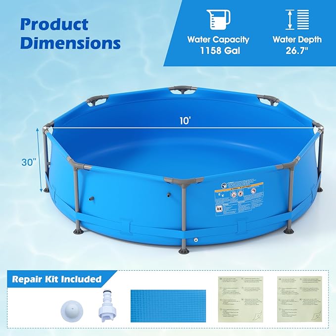 GYMAX 10ft x 30in Metal Frame Above Ground Swimming Pool, Outdoor Backyard Famliy Pool Set with Puncture-Resistant Fabric, Drainage Valve Connector for Kids & Adults (10' x 30", Round, Blue)