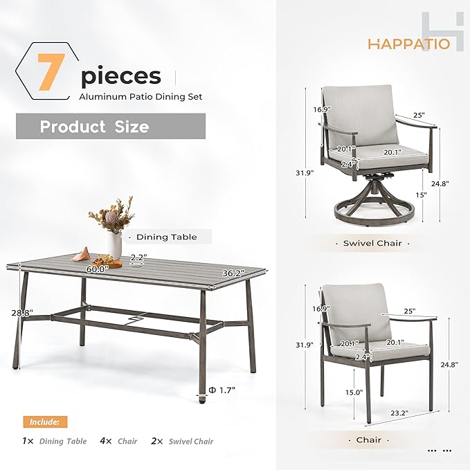 HAPPATIO 7-Piece Outdoor Dining Set for 6, Aluminum Patio Dining Set Includes 4 Dining Chairs, 2 Swivel Dining Chairs, and 1 Large Rectangular Table with Umbrella Hole, for Lawn Porch Backyard, Grey