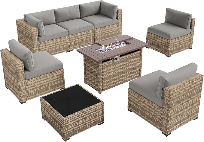 Aoxun Patio Furniture Sets, 8-Piece Outdoor Patio Furniture with 44'' Propane Gas Firepit Table, Wicker Outdoor Conversation Set Sectional Sofa for Backyard, Poolside, Garden