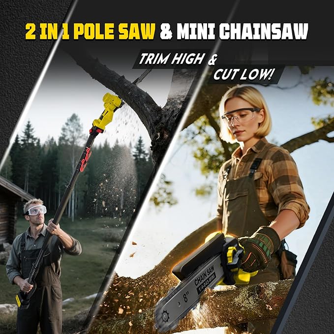 Brushless 2-IN-1 Cordless Pole Saw & Mini Chainsaw, 2× 21V 4.0Ah Battery Powered 8 Inch Chain,Max 16 Ft & Multi-Angle Electric Pole Saw for Tree Trimming, Christmas Gifts For Father,Husband,Men
