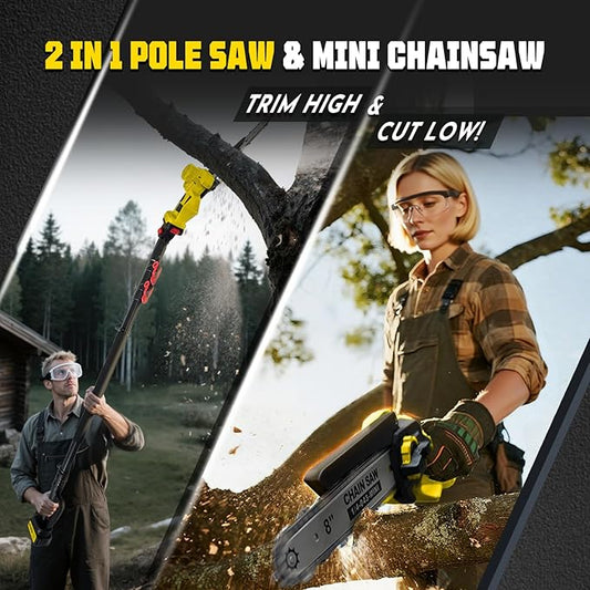 Brushless 2-IN-1 Cordless Pole Saw & Mini Chainsaw, 2× 21V 4.0Ah Battery Powered 8 Inch Chain,Max 16 Ft & Multi-Angle Electric Pole Saw for Tree Trimming, Christmas Gifts For Father,Husband,Men