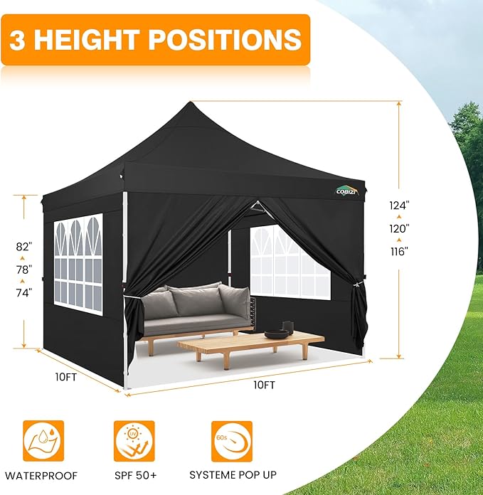 COBIZI 10x10ft Pop Up Canopy with 4 Removable Sidewalls, Easy Up Commercial Gazebos, Waterproof and UV50+ Gazebo with Portable Bag, Adjustable Leg Heights, Tents for Parties, with 4 sandbags