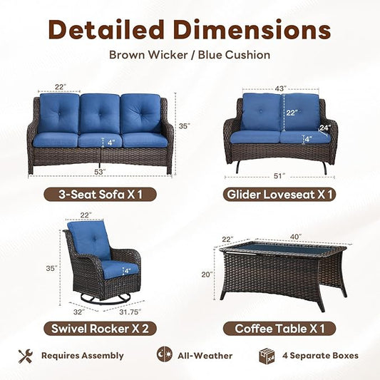 Belord 5 Piece Outdoor Patio Furniture Set - Outdoor Conversation Couch and Loveseat Glider Chair Furniture Set with Rattan Coffee Table for Deck Balcony Poolside Brown Wicker/Blue Cushions