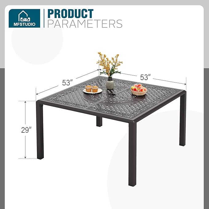 MFSTUDIO Cast Aluminum Outdoor Dining Table, 53" Square Patio Table with Umbrella Hole, Metal Aluminum Patio Dining Table for 8