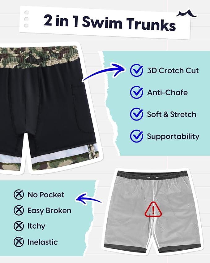 maamgic 2 in 1 Mens Swim Trunks 7 Inch Swim Shorts Swim Suits Board Shorts