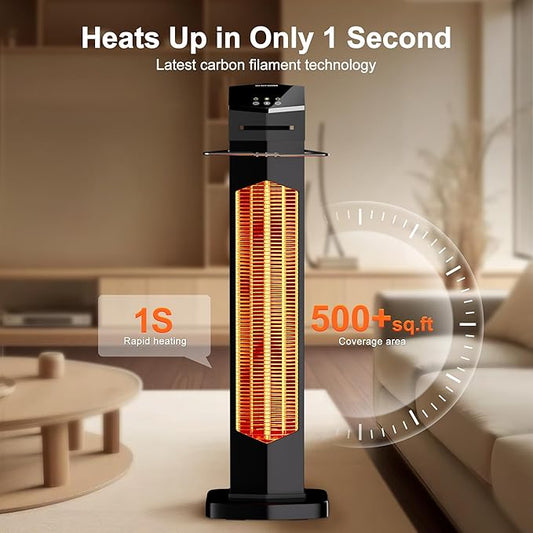 AKIRES Outdoor Electric Patio Heater,37IN 1500W Infrared Tower Heater with Instant Heating,Tip-Over & Overheat Protection,IP54 Waterproof Space Heater For Patio Garage Indoor & Outdoor Use,Matte Black
