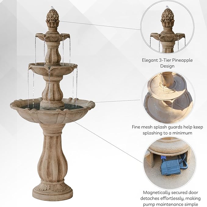 XBrand Outdoor Water Fountain 51 inch 3-Tier Garden Fountain with Pump, Weather Resistant Resin Patio & Yard Waterfall Feature - Beige