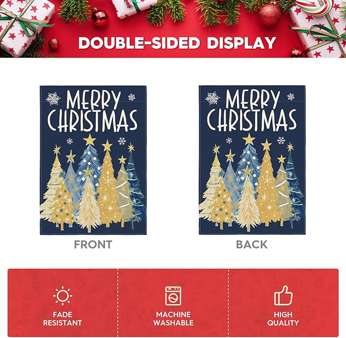 AVOIN colorlife Merry Christmas Garden Flag 12x18 Inch Double Sided Outside, Christmas Trees Winter Holiday Yard Outdoor Flag Blue