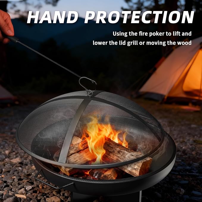 24 Inch Fire Pit for Outside Outdoor Wood Burning Firepit Bowl Heavy Duty Steel Bonfire Pit for Patio Backyard Camping Deck with Spark Screen, Log Grate & Poker