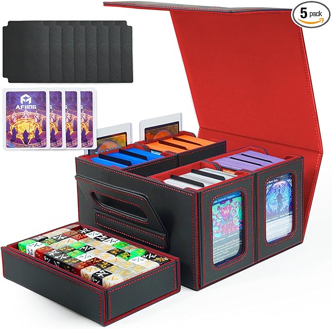 AFIING Commander Deck Box for MTG, Holds 400+ Double-Sleeved Cards, 4 Removable Deck Cases with Display Window, Dice Tray/Handle,Trading Card Storage Organizer/Dividers for TCG (Black Red)