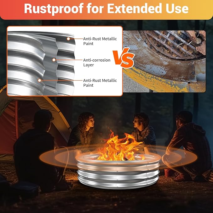 48 Inch Large Outdoor Fire Pit Ring,Heavy Duty High Heat Resistant Wood Burning Firepit for Outside,12" Tall,Galvanized Steel Outdoor Fireplace & Fire Pits Bowl for Backyard Bonfire, Patio,Camping