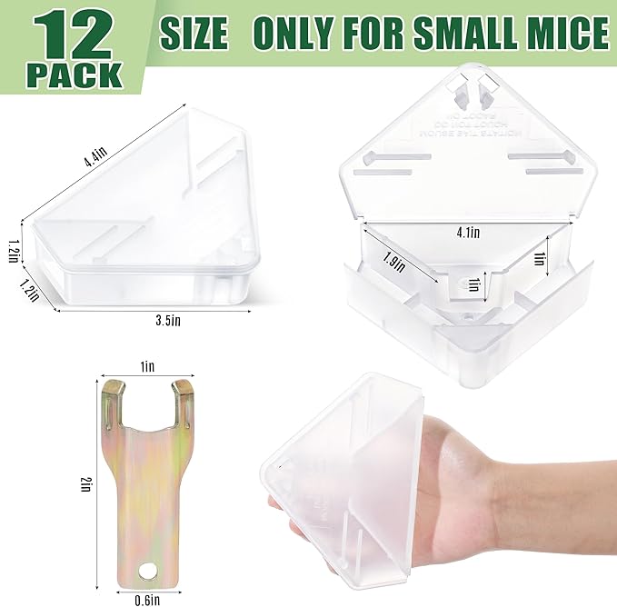12 Pack Mouse Bait Stations, Reusable Mice Bait Station with Keys, Small Rats Poisoning Station Box for Indoor Outdoor Kitchen Garage, Safe for Kids and Pets, Bait Not Included, Clear