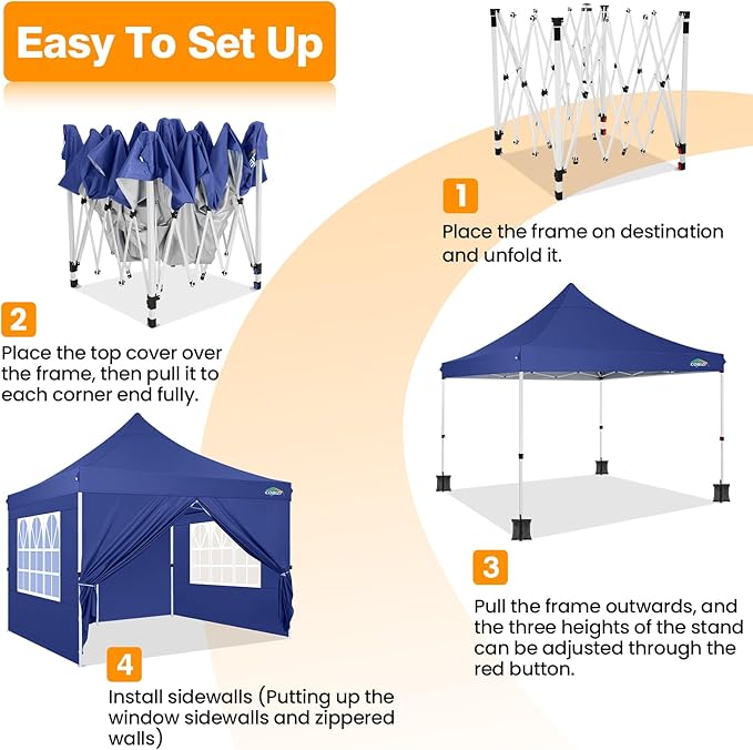 COBIZI 10x10ft Pop Up Canopy with 4 Removable Sidewalls, Easy Up Commercial Gazebos, Waterproof and UV50+ Gazebo with Portable Bag, Adjustable Leg Heights, Tents for Parties, with 4 sandbags