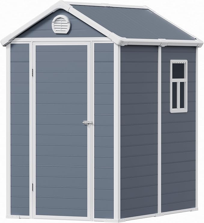 6x4.5 FT Plastic Sheds & Outdoor Storage, UV Resistant Storage Sheds Outdoor with Floor and Window, All-Weather Garden Resin Tool Shed for Lawn Mower, Yard Tools, Bike, Dark Gray