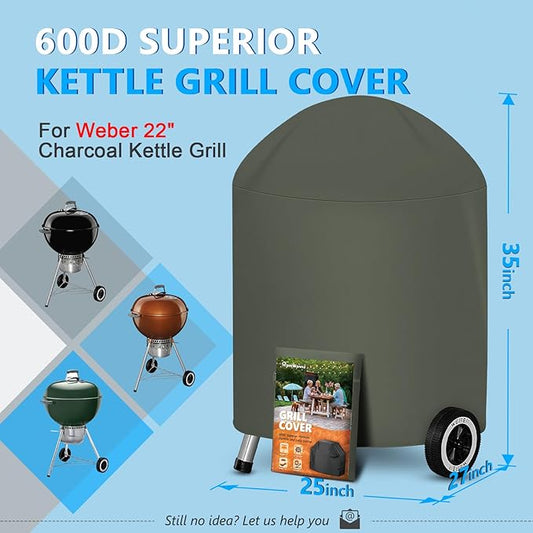 HomWanna 22 Inch Kettle Grill Cover - Superior Charcoal Cover for Weber Original and Master Touch - 600D Outdoor BBQ Cover for 22 Inch Weber Grills and More