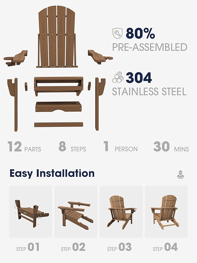 KINGYES Folding Adjustable Adirondack Chair with Ottoman & 2 Cup Holders, HDEP Reclining Adirondack Chair with Footrest, Brown