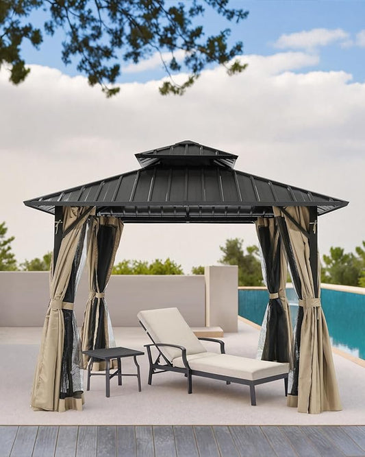 SEEHILL 12' x 12' Hardtop Gazebo, Aluminum Frame Patio Hardtop Gazebos with Netting and Curtain, Outdoor Patio Pergola, Outdoor Patio Gazebo with Double Metal Roofs for Lawns, Garden, Deck, Sandstone
