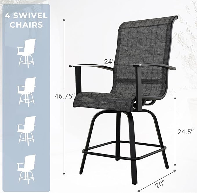 Grand patio 5-Piece Counter Height Patio Bar Set, Swivel Bar Stools and Faux Wood Grain Dining Table with Ice Bucket for Outdoor Kitchen Bistro Small Space Restaurant, Black&Grey Plaid