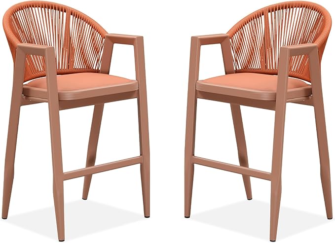 PURPLE LEAF Outdoor Bar Stools Set of 2 Wicker Bar Stools Woven Bar Height Stool Bar Chairs Aluminum Barstool for Patio Kitchen Island Lawn Orange
