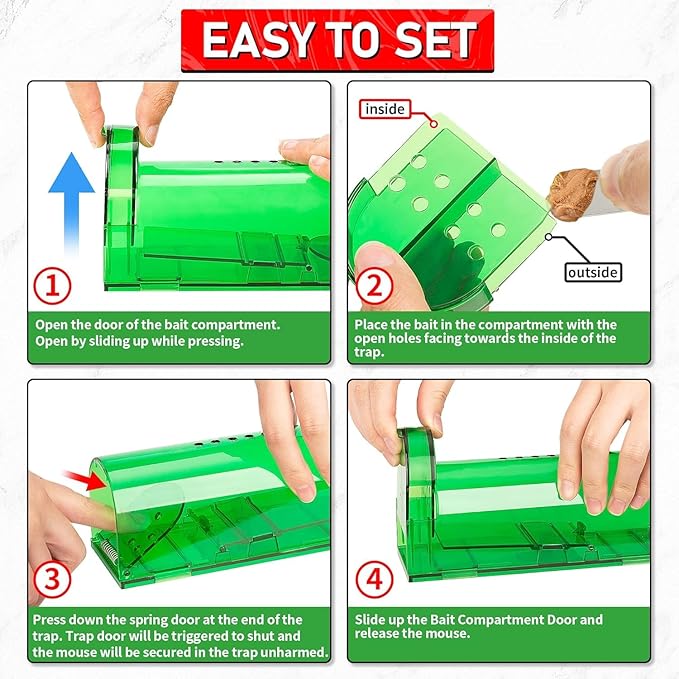 LULUCATCH Humane Mouse Traps 4 Pack, Live Mouse Traps, Reusable with Cleaning Brush, No Kill Catch and Release Indoor Outdoor Rat Cage, Pet Safe Pest Control for Mole, Chipmunk & Squirrel