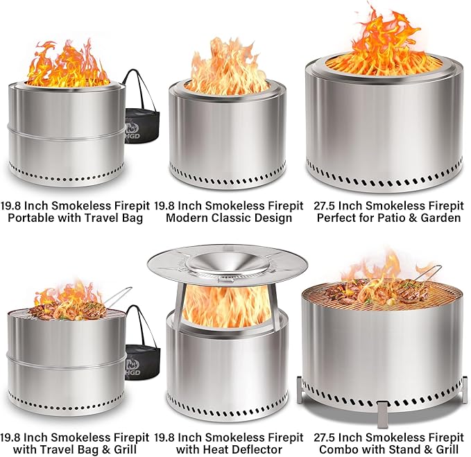 HGD 19.8" Smokeless Fire Pit Outdoor, Stainless Steel Wood Burning Firepit with Secondary Combustion, Backyard Patio Stove for Garden, BBQ & Bonfire