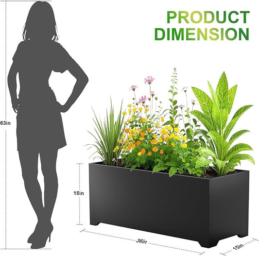 Metal Planter Box 36"L x 15"W x 15"H, Large Outdoor Rectangle Planters with 6 Drainage Holes & Raised Bottom, All-Weather Garden Planter Box for Patio, Lawn, Commercial & Residential, Black
