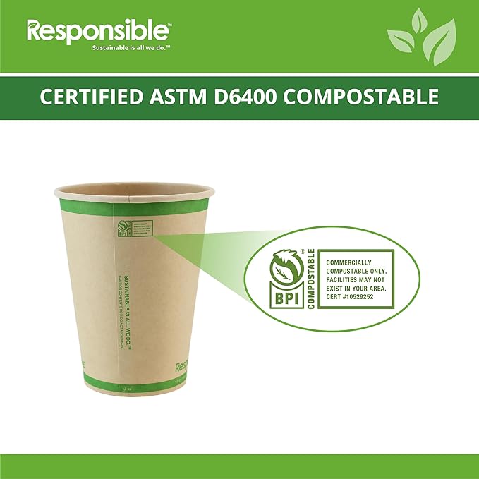 Responsible Products 12 oz Paper Hot Cups, Tree-Less™ Compostable Paper Coffee Cups, Extra Strength, Tree-Free and Made Without PFAS, Natural Brown (1000 Count)