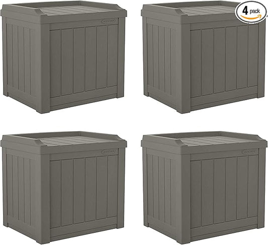 Suncast 22 Gallon Indoor or Outdoor Backyard Patio Small Storage Deck Box with Attractive Bench Seat and Reinforced Lid, Stone (4 Pack)