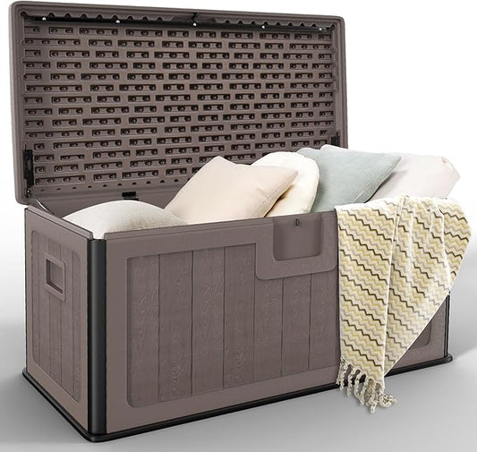 Outdoor Storage Deck Box 100 Gallon, UV Resistant & Waterproof Deck Box with Double-Wall Construction, Lockable Storage Bins Container for Pool Patio Garden