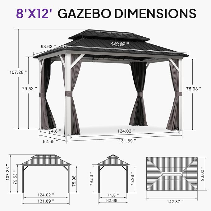 PURPLE LEAF 8' X 12' Hardtop Gazebo Metal Double Roof White Aluminum Frame Outdoor Heavy Duty Gazebo with Curtain and Netting for Patio Garden and Backyard, Grey