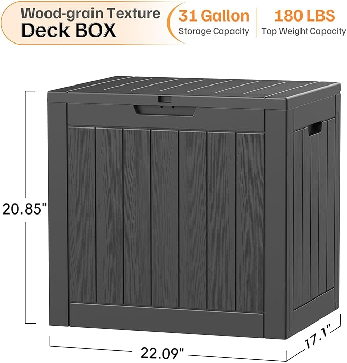 31 Gallon Deck Box, Small Outdoor Storage Box Waterproof, Outside Resin Storage Bin for Outdoor Patio Furniture Pillow, Pool Supply, Garden Tool, UV-Resistant and Weatherproof, Black