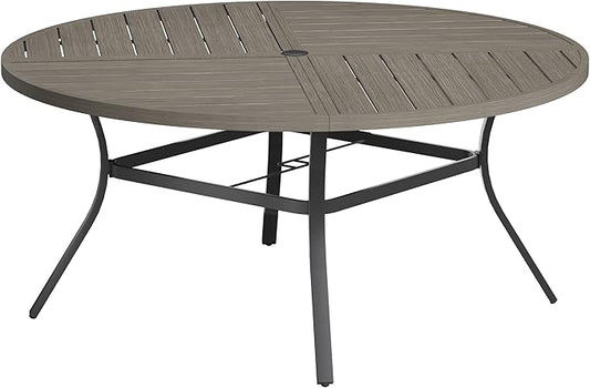 VICLLAX Round Patio Table with Adjustable Umbrella Hole for 8, All Weather Metal Outdoor Dining Table for Lawn Garden, 59.8" Outdoor Coffee Table, Grey Wood-Like Tabletop