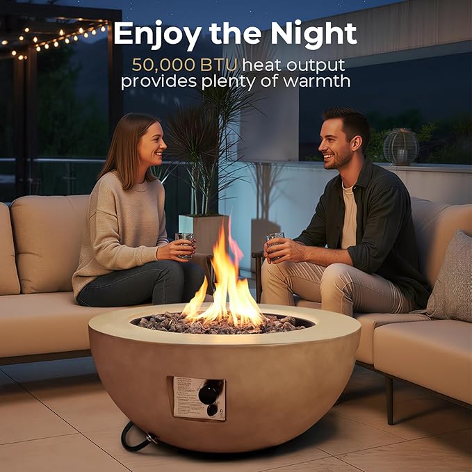 31.5 Inch Round Propane Fire Pit Table - Concrete Round Fire Bowl 50,000 BTU Gas FirePit Burner with Steel Lid, Lava Rocks, Rain Cover for Outside Patio, Backyard, Party