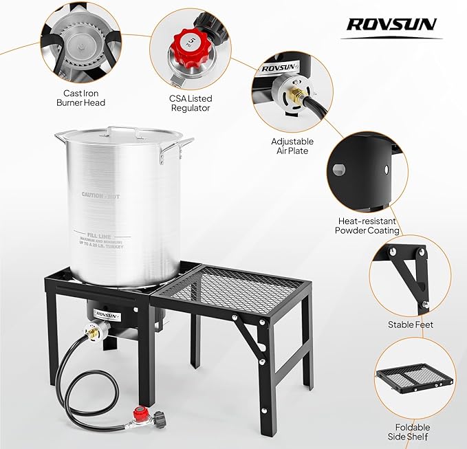 ROVSUN 30QT Turkey Fryer & 100,000BTU Propane Gas Stove with Foldable Shelf, Aluminum Outdoor Deep Fryer & Seafood Boiler Steamer with Basket, Turkey Rack & Lifter for Backyard Cooking Boiling Frying
