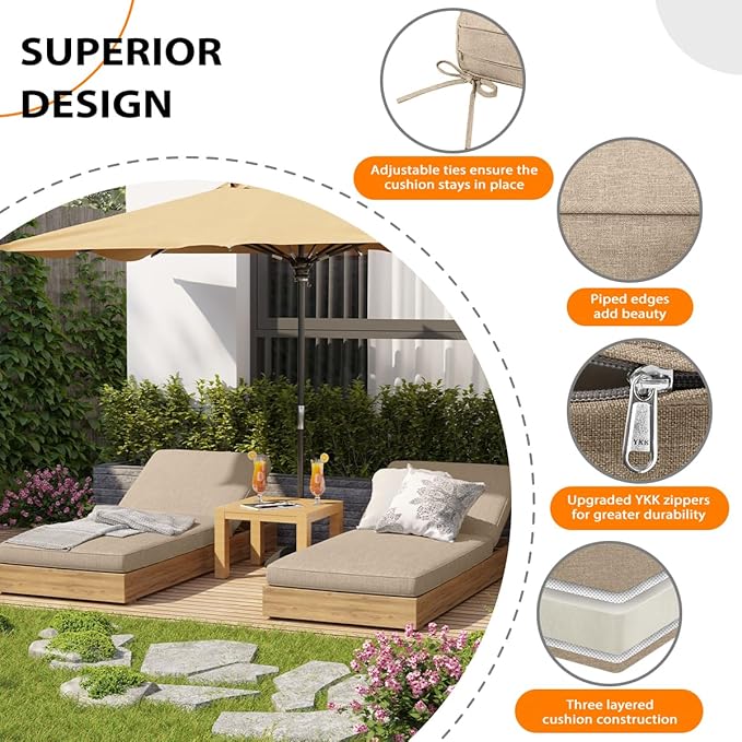 Sundale Outdoor Olefin Chaise Lounge Cushion, Water-Resistant Patio Lounge Chair Cushion, Thick Lounger Pad with 4 Straps Khaki, 72 x 21 x 4 Inches