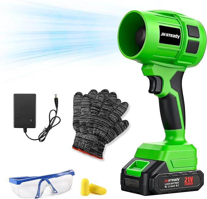 JH Steady 21V Cordless Handheld Leaf Blower - Variable Speed, 30000RPM Powerful Handheld Blower with Rechargeable Battery, Protective Gear for Home, Backyard, Driveway & Snow Removal