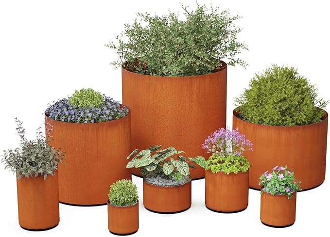 Plantercraft Corten Steel Planters - 12x12 Inch Large Round Planters for Outdoor Plants Heavy Duty Metal Planter Pot for Patio & Garden
