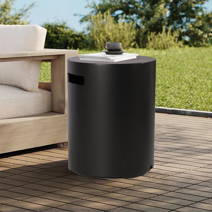 Propane Tank Cover Table, 20 LB Propane Tank Storage Box, Modern Outdoor Gas Tank Covers Hideaway Table for Propane Fire Pit and Gas, Round Tank Holder with Handles (Black) 16 X 16 X 20inch